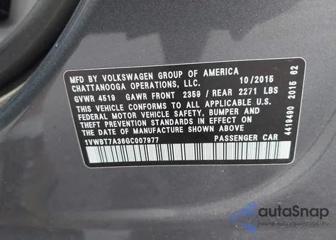 2016 Volkswagen Passat Se из США, поврежденный, VIN 1VWBT7A36GC007977